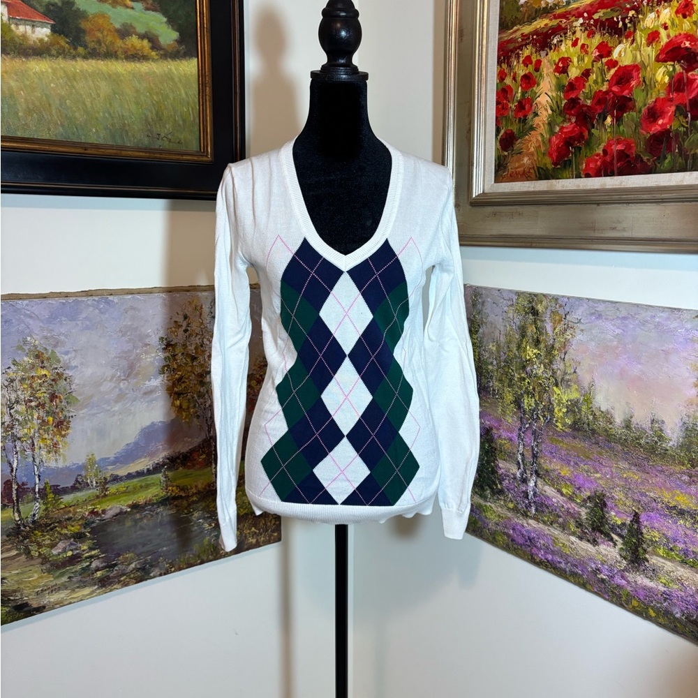 Tommy Hilfiger White V-Neck Argyle Sweater with Navy & Green